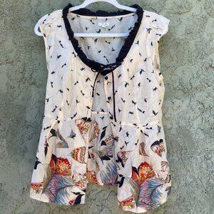 Front tie butterfly pattern cotton blouse